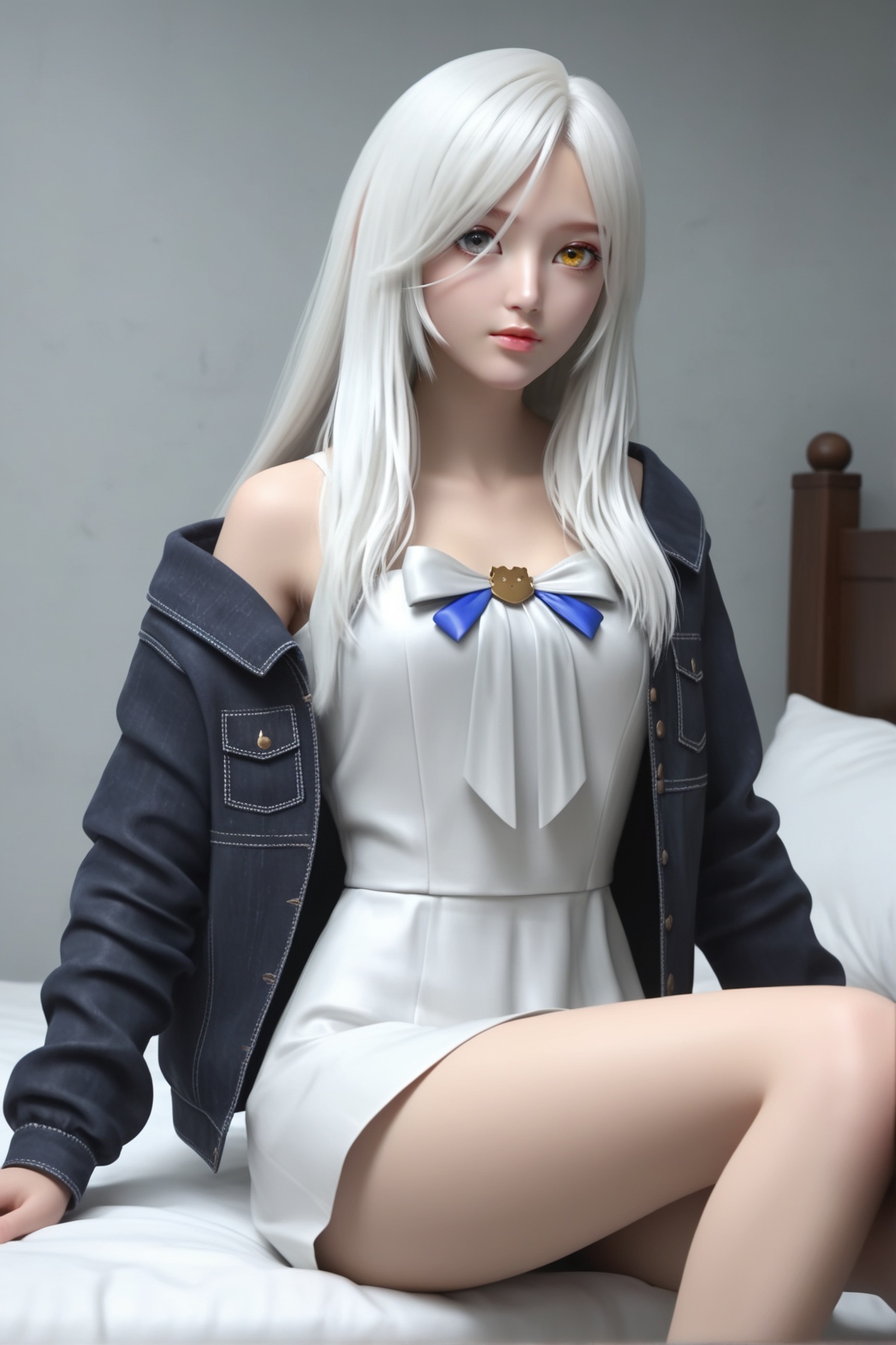 score_9,score_8_up,score_7_up,wetting,dark,1girl,long hair,dress,<lora:wy_meimei_XL7.0:0.7>,heterochromia,yellow eyes,grey eyes,white hair,sitting,jacket,thick_thighs,bed,