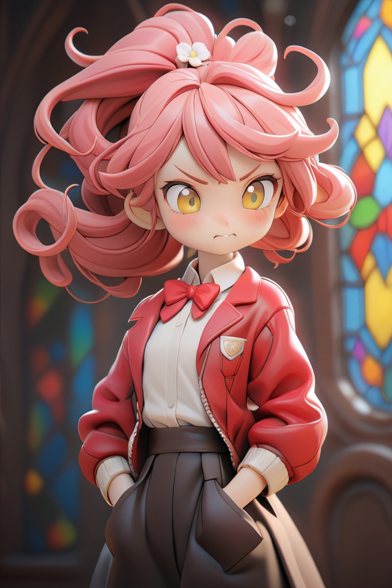 (loli:1.2),(petite:1.2),Pink hair,Yellow eyes,(red Jacket),high ponytail,white collared shirt,hair flower,fipped hair,floating hair,Frown,hands in pockets,black dress,red bowtie,(solo),smile,solo,upper_body,(stained glass:1.2),, (masterpiece,best quality:1.2)