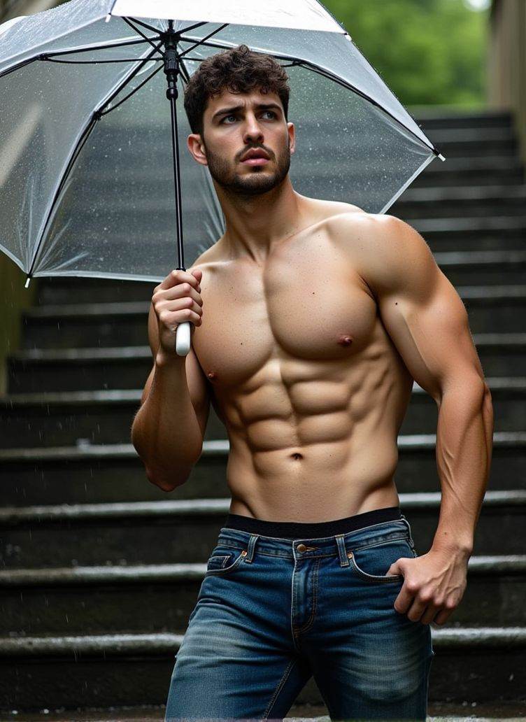 aaron owen ,  stands on a large stone staircase,  the rainwater cascading on the steps. He holds a transparent umbrella in...