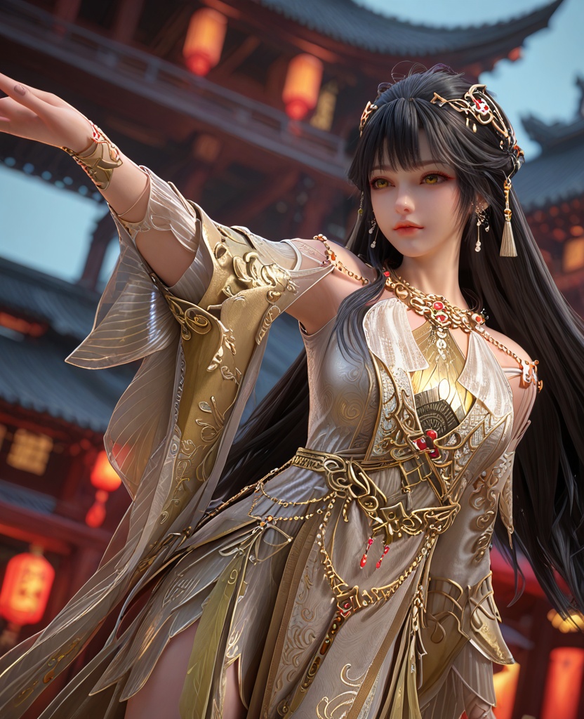 (oriental architecture, elegant decor, sophisticated style:1.1),(practicing Gymnastics:1.1),(breasts:1.2),<lora:XL百炼成神神国圣女白月蓉:0.95>,miss baiyuerong,black hair,jewelry,long hair,hair ornament,earrings,dress,yellow eyes,bangs,parted lips,eyelashes,teeth,, zPDXL2, score_9, score_8_up, score_7_up BREAK realistic, masterpiece,best quality, highly detailed,, zPDXL3, zPDXL2,zPDXL, zPDXLxxx, zPDXLrl,