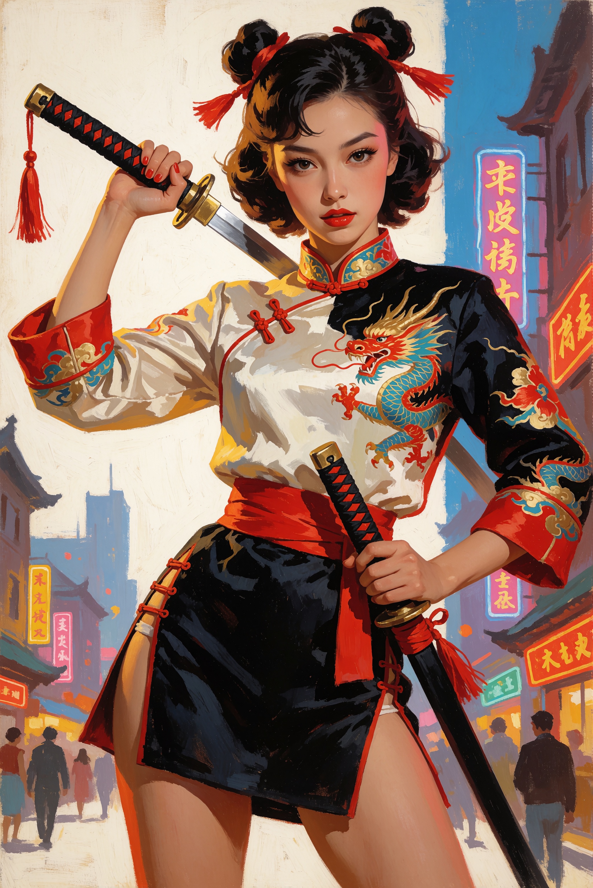 pinup style painting ofwoman in a modern \"Guochao\" (National Trend) style,  blending contemporary fashion with distinct...