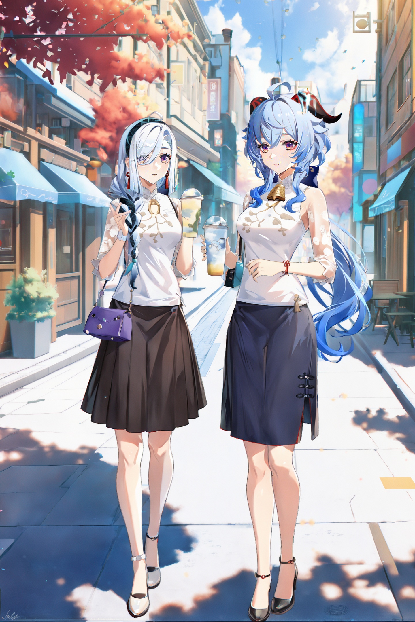 8k, best quality, masterpiece, (ultra-detailed:1.1), (high detailed skin), <lora:ganshenxian-A3-Tanger-000010:0.8>, 2girls, Ganyu's casual clothes, shenhe's casual clothes, ganyu \(genshin impact\), shenhe \(genshin impact\), long hair, blue hair, horns, purple eyes, ahoge, skirt, bangs, outdoors, street, 