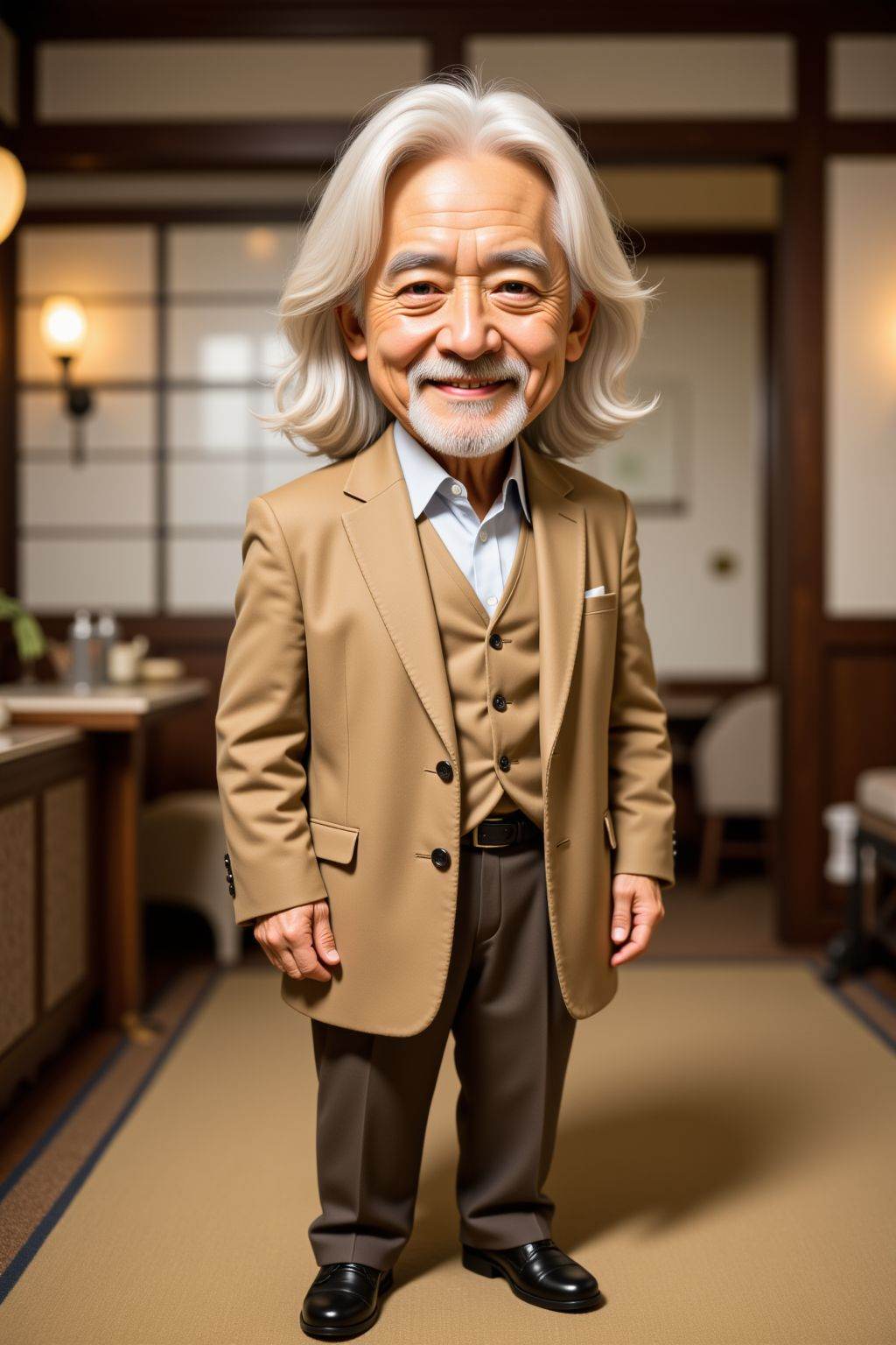 <lora:20250503_AgainCharactersF1Lora:1>, The image is a high-resolution photograph featuring a old man,solo,looking at viewer,long hair,standing,full body,clothes,indoors,realistic,chibi,