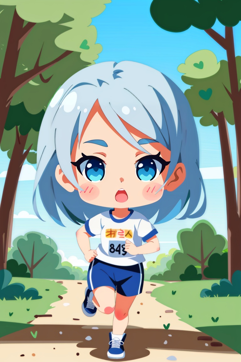((HRD, HUD, 8K)),((masterpiece, best quality)), highly detailed, soft light,1 girl, chibi, big eyes, big head,nature, running, white sportswear,