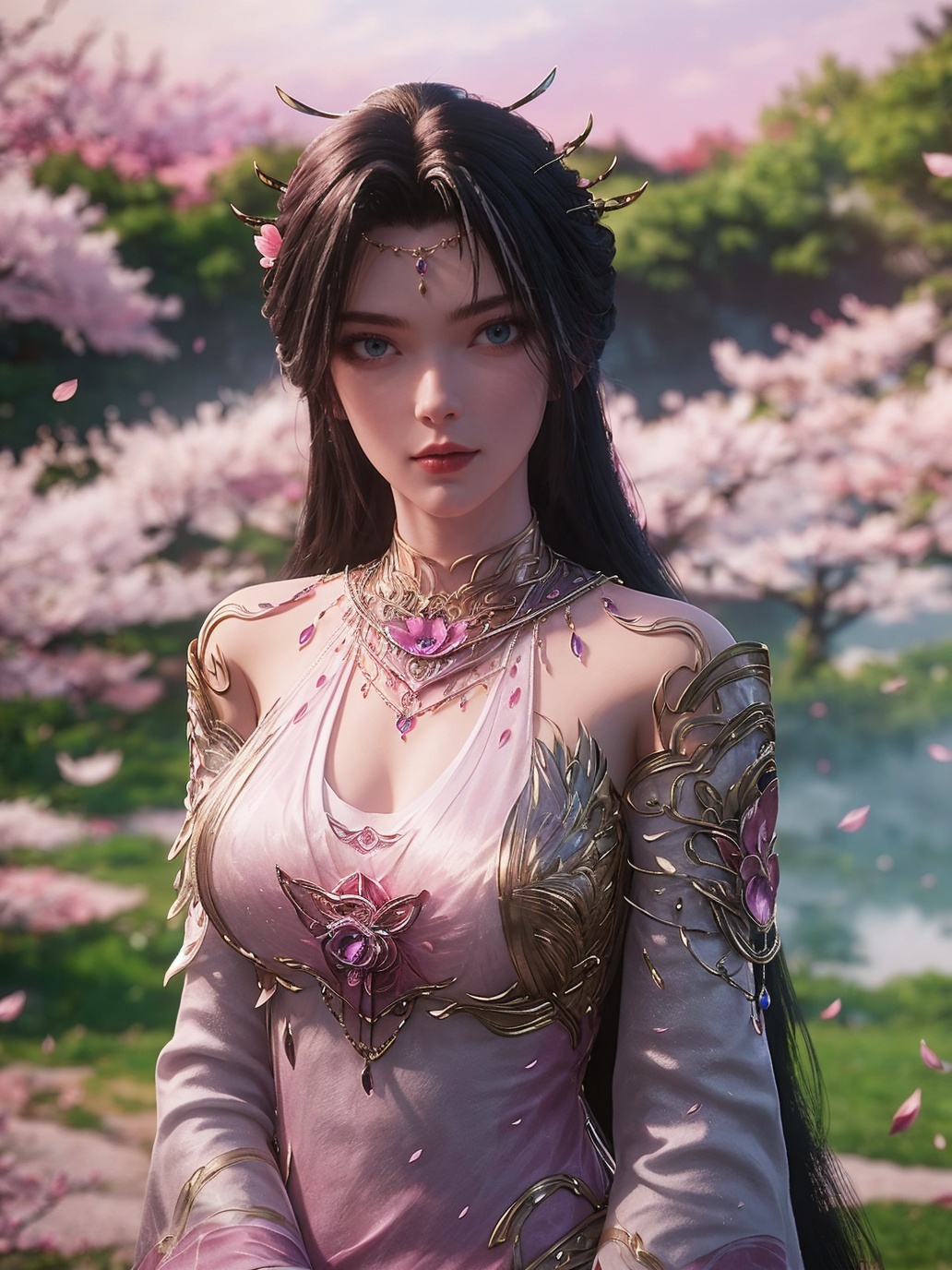 <lora:monvsd1.5:0.9>,monv,upper body,(looking at viewer),1girl,solo,forehead jewelry,jewelry,hair ornament,necklace,clothing cutout,detached sleeves,detached collar,collared dress,outdoors,nature,cloud,pink sky,blurry background,(fantasy),((falling petals:1.3)),((light particles)),((pink flower,cherry blossoms)),