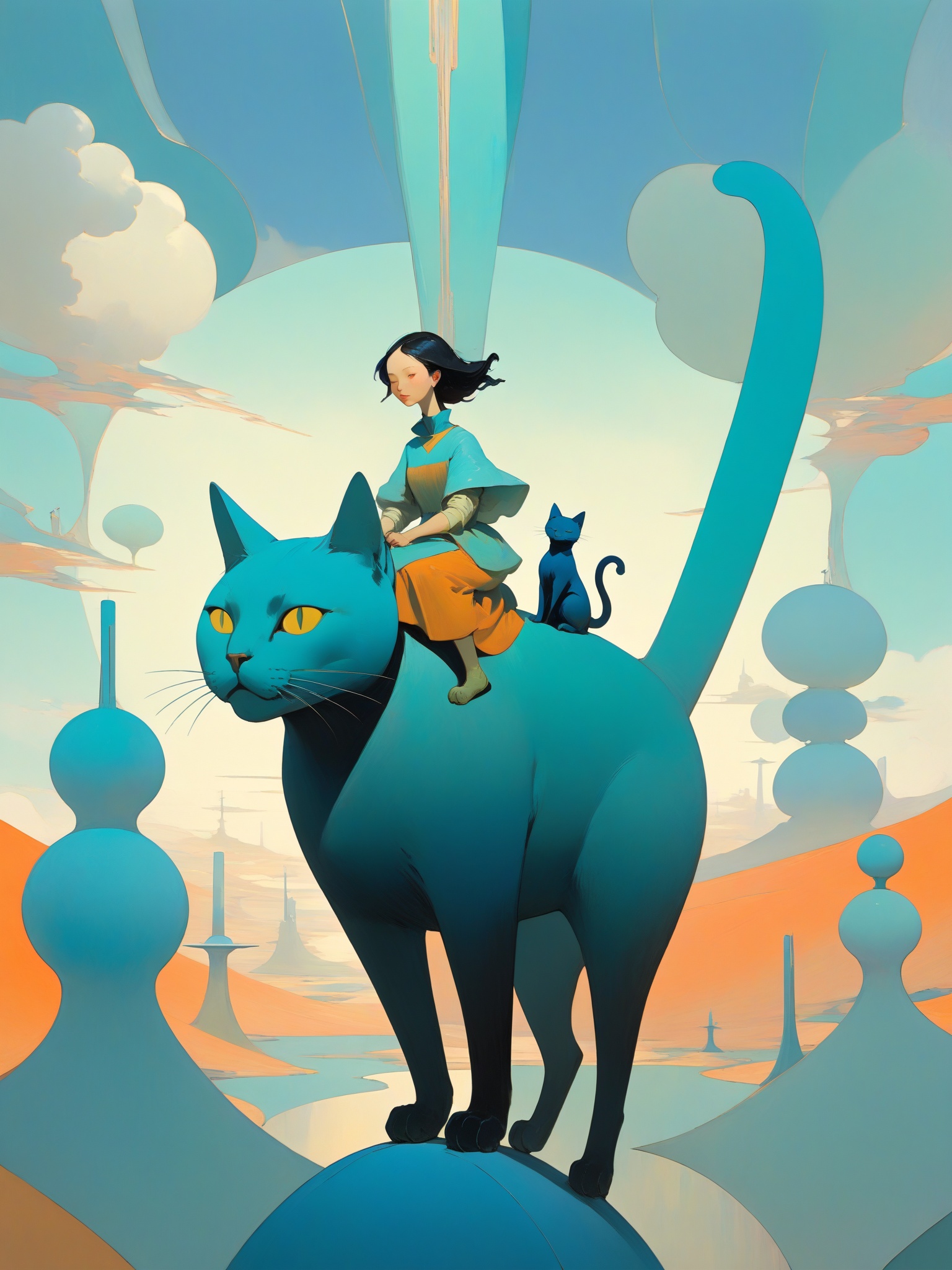 Narrow Figural Woman riding a Cat,  at Overcast,  horizon-centered on Tensor.Art