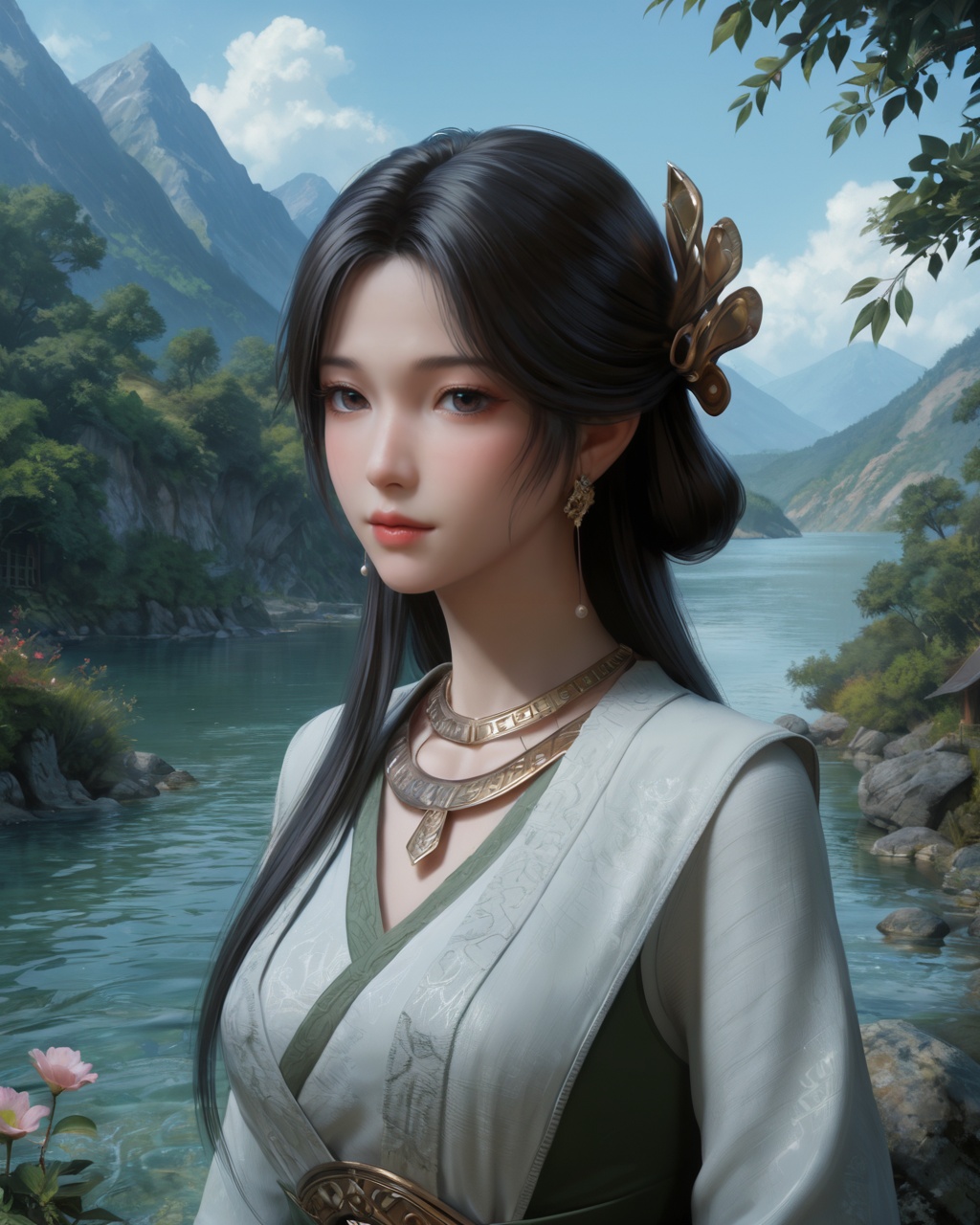 score_9,score_8_up,score_7_up,detailed face,detailed body,outdoors,mountain,kawanobe,water,white_flower,<lora:Pony-梅凝-正式版v1:0.95>,1girl,meining,upper body,black hair,long hair,jewelry,hair ornament,earrings,necklace,hanfu,looking at viewer,