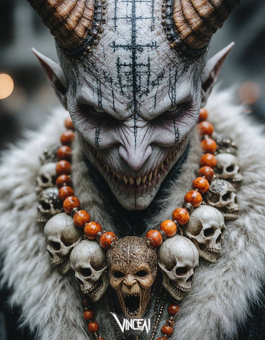 Hyper-realistic cinematic portrait of a sinister demonic entity,  pale grey textured skin with deep anatomical cracks and...