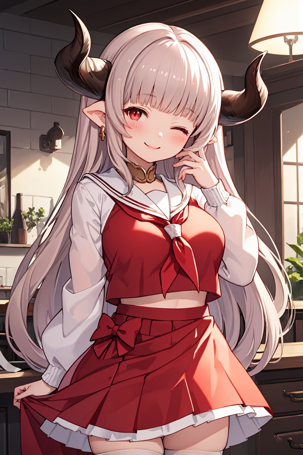masterpiece,best quality, highly detailed, alicia (granblue fantasy),1girl, solo, one eye closed, smile, horns, draph, serafuku, white thighhighs, pleated skirt, ;), red sailor collar, red skirt, neckerchief, looking at viewer, large breasts, long sleeves, alternate costume,<lora:alicia_(granblue_fantasy):1>