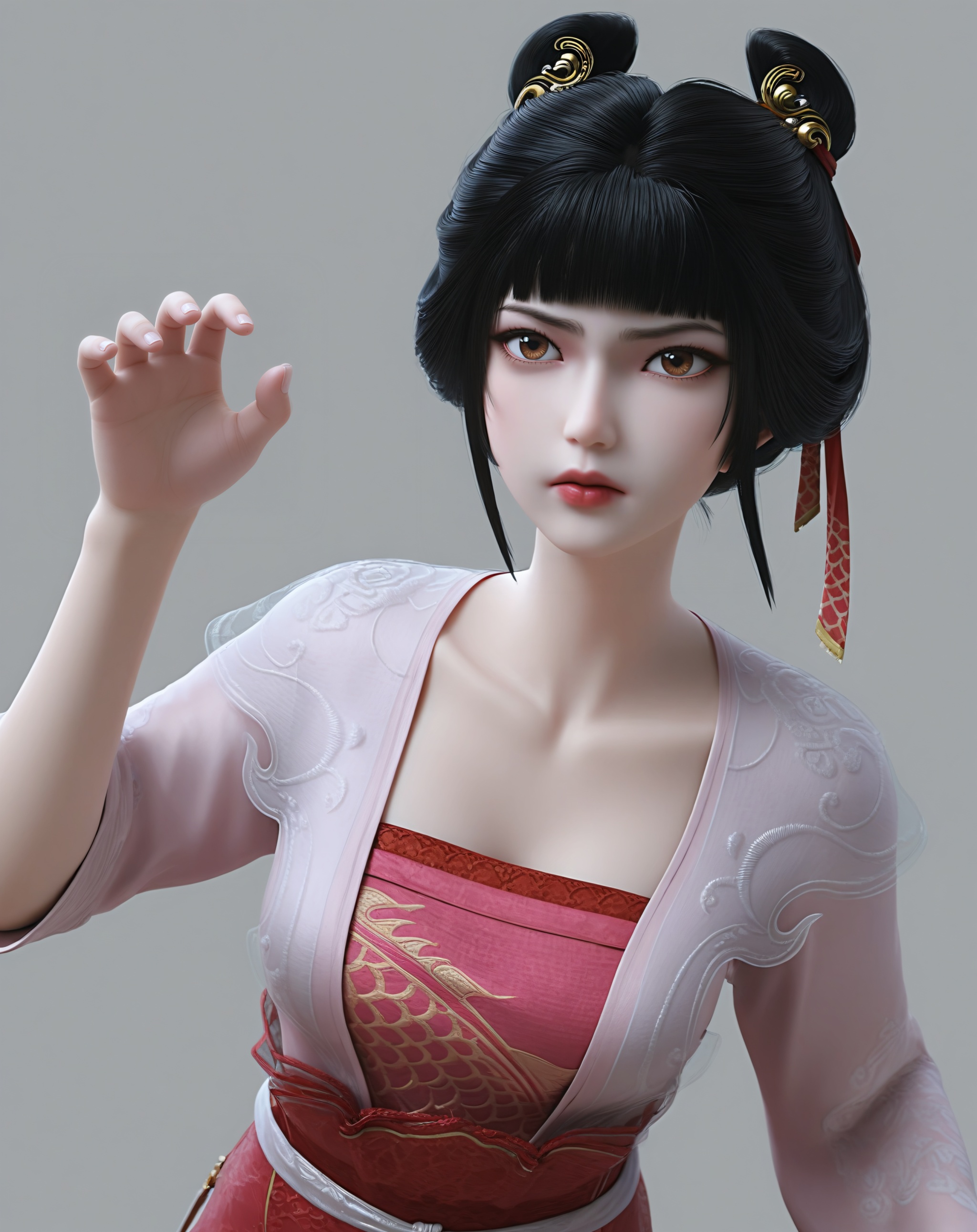 (score_9),<lora:稚圭-Apony:0.86>,zigui,solo,1girl,black hair,hair ribbon,hair ornament,hair bun,bangs,lipstick,see-through,hanfu,belt skirt,sash,bracelet,see-through cleavage,cleavage,<lora:perfect-eyes:0.8>,(front view:1.1),light blush,body blush,brown eyes,(claw_pose),mature,glamor,collarbone,puffy breasts,pointy_breasts,OverallDetail,(white_skin),(Ivory_skin),simple background,grey background,ambient occlusion,((Subsurface Scattering)),<lora:e色温:0.5>,<lora:e肤色滑块:0.5>,<lora:SkinRealityOrg_ponyv6_loraplus:0.25>,<lora:Expressive_H:0.8>,<lora:detailed_notrigger:0.8>,
