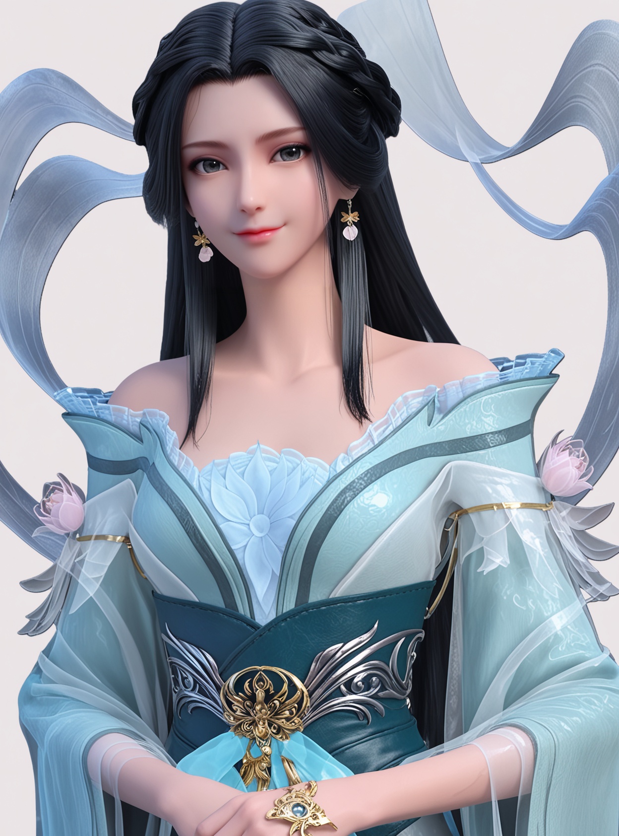 score_9,high detail,best quality,shiny skin,shiny,1girl,solo,black hair,long hair,jewelry,earrings,dress,white background,closed mouth,bare shoulders,simple background,realistic,hagoromo,braid,shawl,sash,smile,flower,blue dress,long sleeves,looking at viewer,upper body,<lora:QQSponyjiangliV1:0.8>,