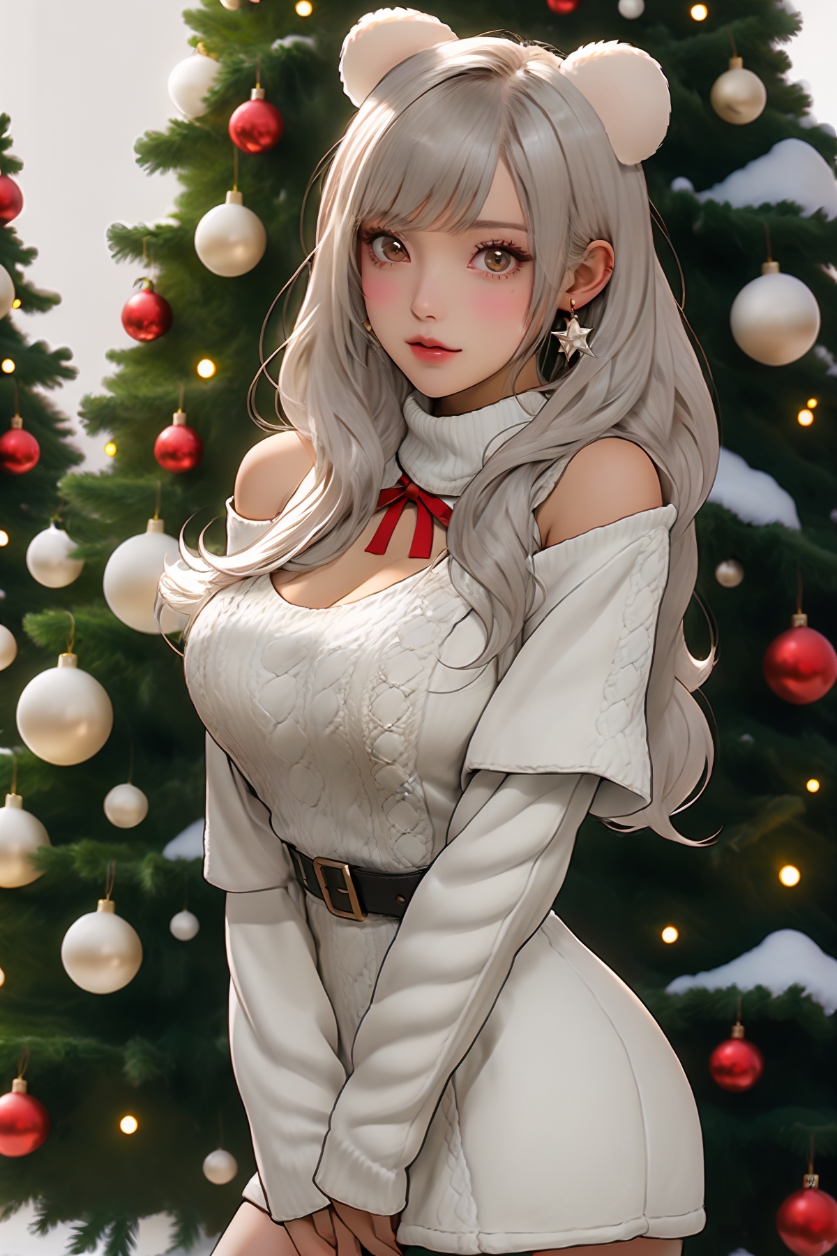 1girl,solo,breasts,christmas tree,jewelry,earrings,long hair,looking at viewer,white hair,brown eyes,sweater,cleavage,dress,white sweater,animal ears,bow,christmas,bangs,long sleeves,fur trim,red bow,lips,cowboy shot,sleeves past wrists,belt,swept bangs,white dress,large breasts,sweater dress,christmas ornaments,off shoulder,star (symbol),standing,bear ears,short dress,<lora:shengdan:0.6>,normal fingers,
