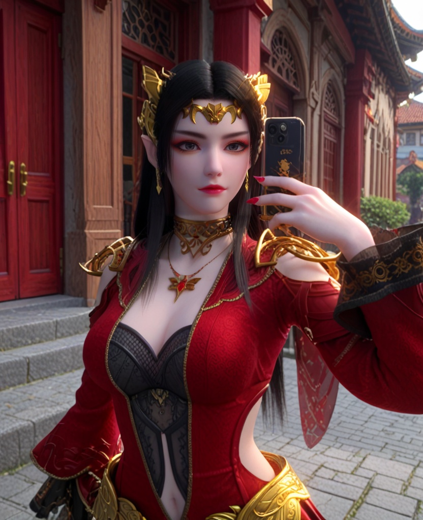 (oriental architecture, elegant decor, sophisticated style:1.1),(selfie,hyper realistic gopro action photo:1.1),(breasts:1.2),<lora:XL斗破苍穹美杜莎:0.95>,miss meidusha,lace corset bra paired with red long sleeved slit dress,red long sleeved slit dress,shoulder cutout,double cuffs,black hair,circlet,pointy ears,earrings,shoulder armor,belt,back cutout,lace inner overskirt,long hair,necklace,, score_9,score_8_up,score_7_up,score_6_up,score_5_up,score_4_up,3d rendering,tag1,tag2, Cinematic Lighting,backlighting,