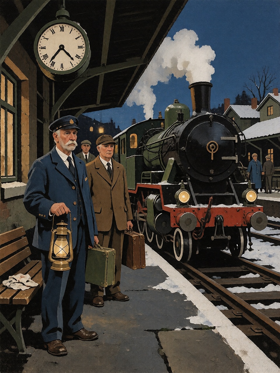 A lonely railway station attendant holding a brass lantern beside a stationary steam locomotive. Two travelers with suitca...