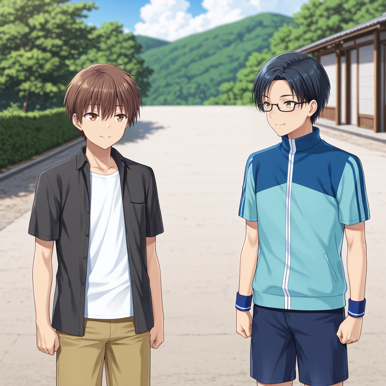 masterpiece,best quality,amazing quality,takahara hairi,kanou tenzen,smile,shirt,brown hair,black hair,brown eyes,closed mouth,standing,jacket,hair between eyes,white shirt,male focus,short sleeves,outdoors,cowboy shot,multiple boys,shorts,glasses,pants,day,2boys,looking at another,blurry,black collared shirt,blurry background,blue track jacket,wristband,clenched hands,black-framed eyewear,arms at sides,brown pants,dark blue shorts,yellow eyes,<lora:summer_pockets_V1_4-000010:1>,(no humans:1.4),