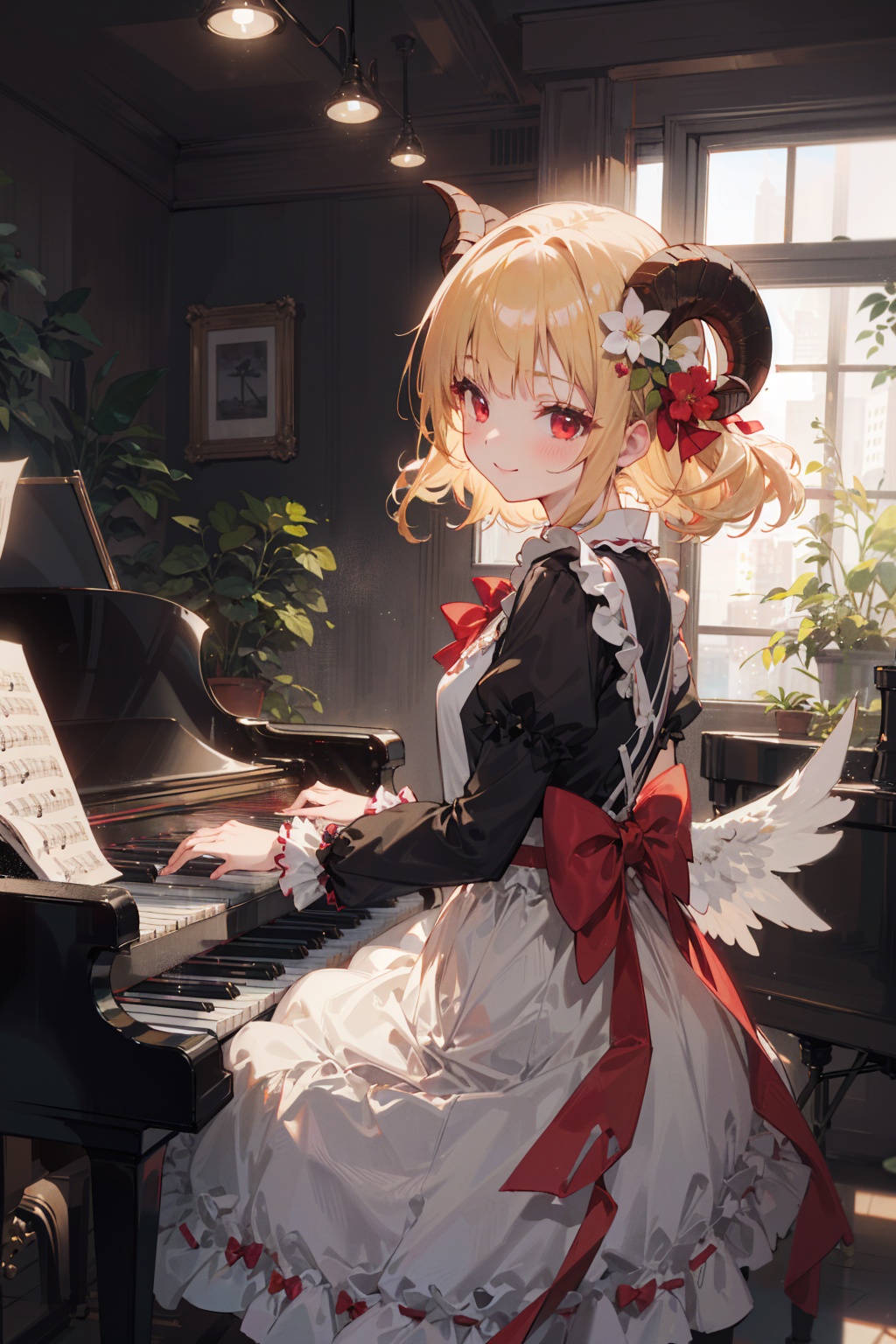 masterpiece,best quality,(ray tracing,cinematic lighting), (outline), (emphasis lines), (detailed 8K wallpaper) (from side), (cowboy shot), (1 girl playing piano:1.2), sitting, (floating musical note around girl:1.4), detailed European piano The girl has (long yellow hair), red eyes, eyes half closed, smile, has(a pair of large black wings), (solo) The girl wearing (white lolita dress with a red bow), hair flower, (ram horns), (eromanga:1.2), (megami:1.2), (lolita fashion:1.2) BREAK (Detailed musical notes:1.2), piano, detailed room, (greenhouse) Blurred background, fog in the distance, (Potted plants background), window