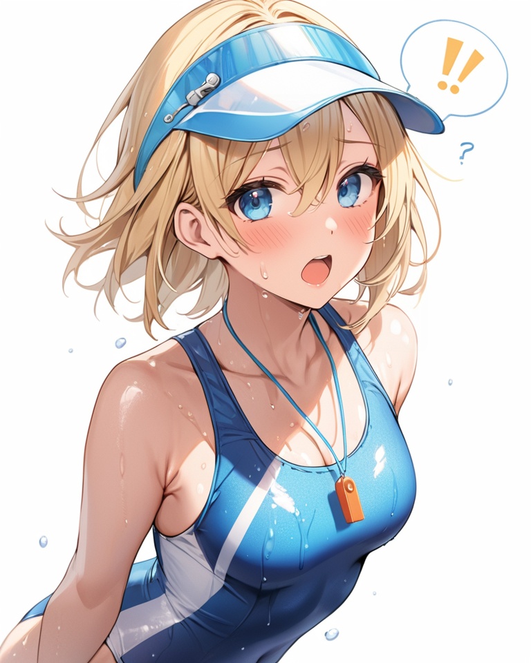 (best quality), ((masterpiece)), (highres), illustration, original, extremely detailed . <lora:日式动漫人设GIRL版XL:0.7>ooo,1girl, whistle, swimsuit, blue eyes, solo, whistle around neck, one-piece swimsuit, visor cap, blonde hair, looking at viewer, spoken exclamation mark, white background, blush, hair between eyes, open mouth, simple background, wet, short hair, competition swimsuit