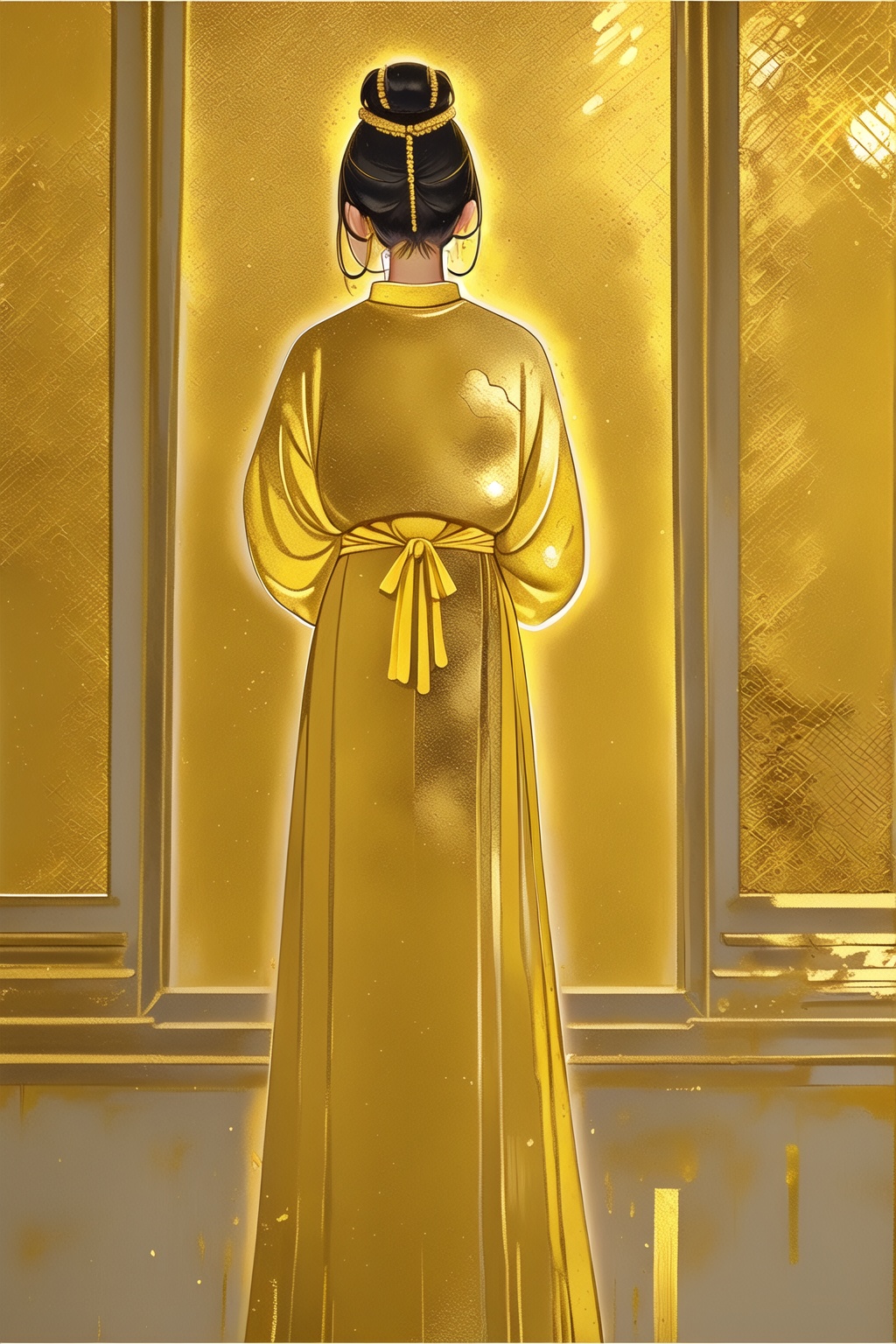 ycbh, 1girl, solo, black hair, from behind, single hair bun, long sleeves, yellow theme, standing, yellow dress, Minimalism, gold foil, golden yellow, romantic ancient style, matte texture, meticulous painting,<lora:ycbh4:0.8>,