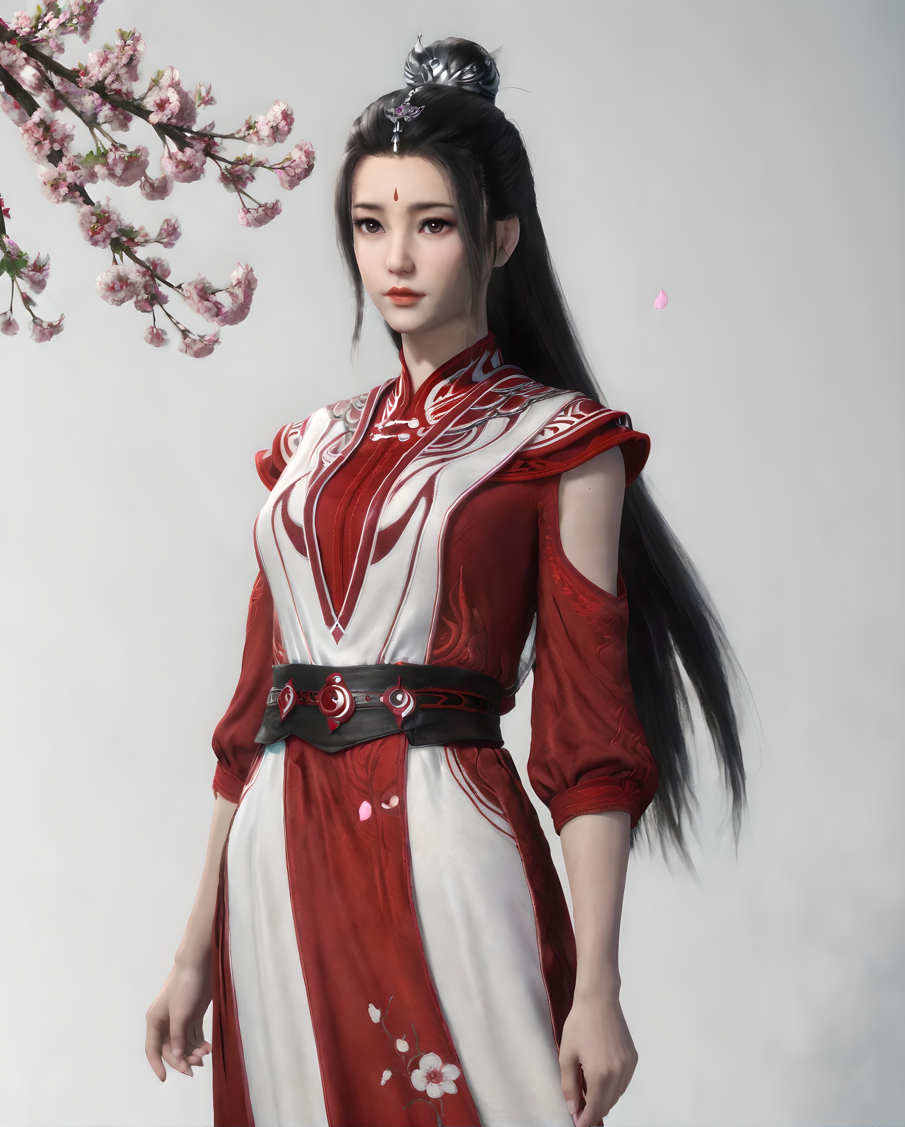 <lora:SF_YouQinXuanYa_Pony_Realism-000004:0.7>,1girl,solo,flower,dress,facial mark,hair bun,forehead mark,belt,red dress,hair ornament,standing,looking at viewer,branch,black hair,long hair,white background,falling petals,