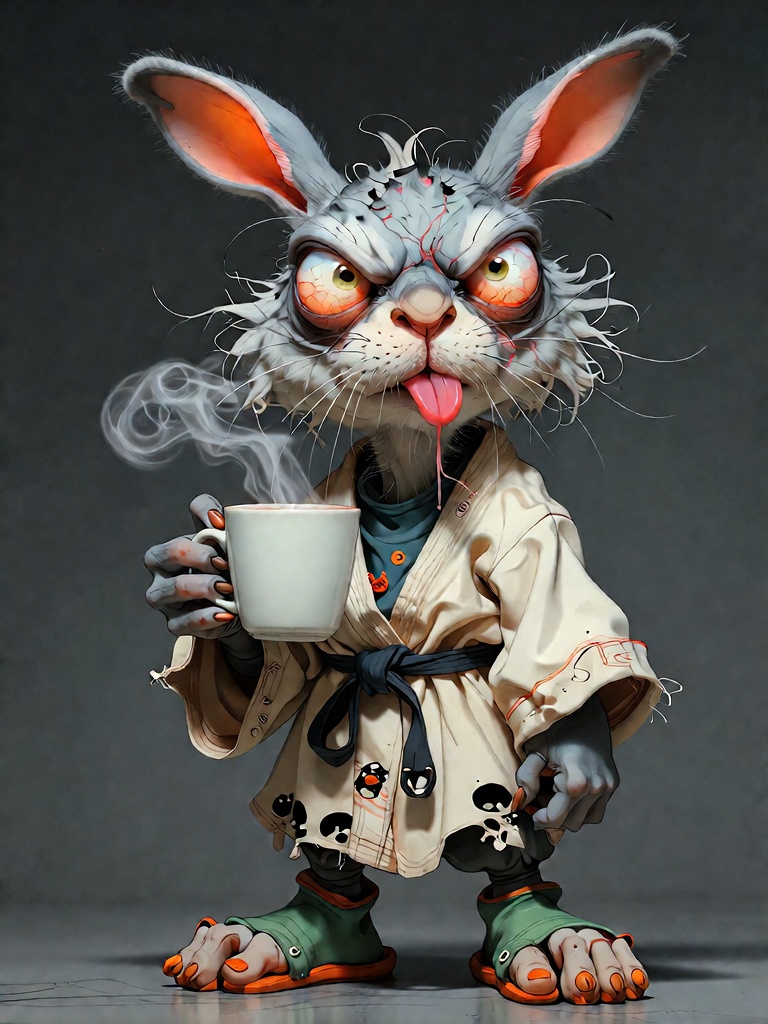 Bradhamel art style. A cartoonish,  grumpy,  and messy rabbit with wild on Tensor.Art