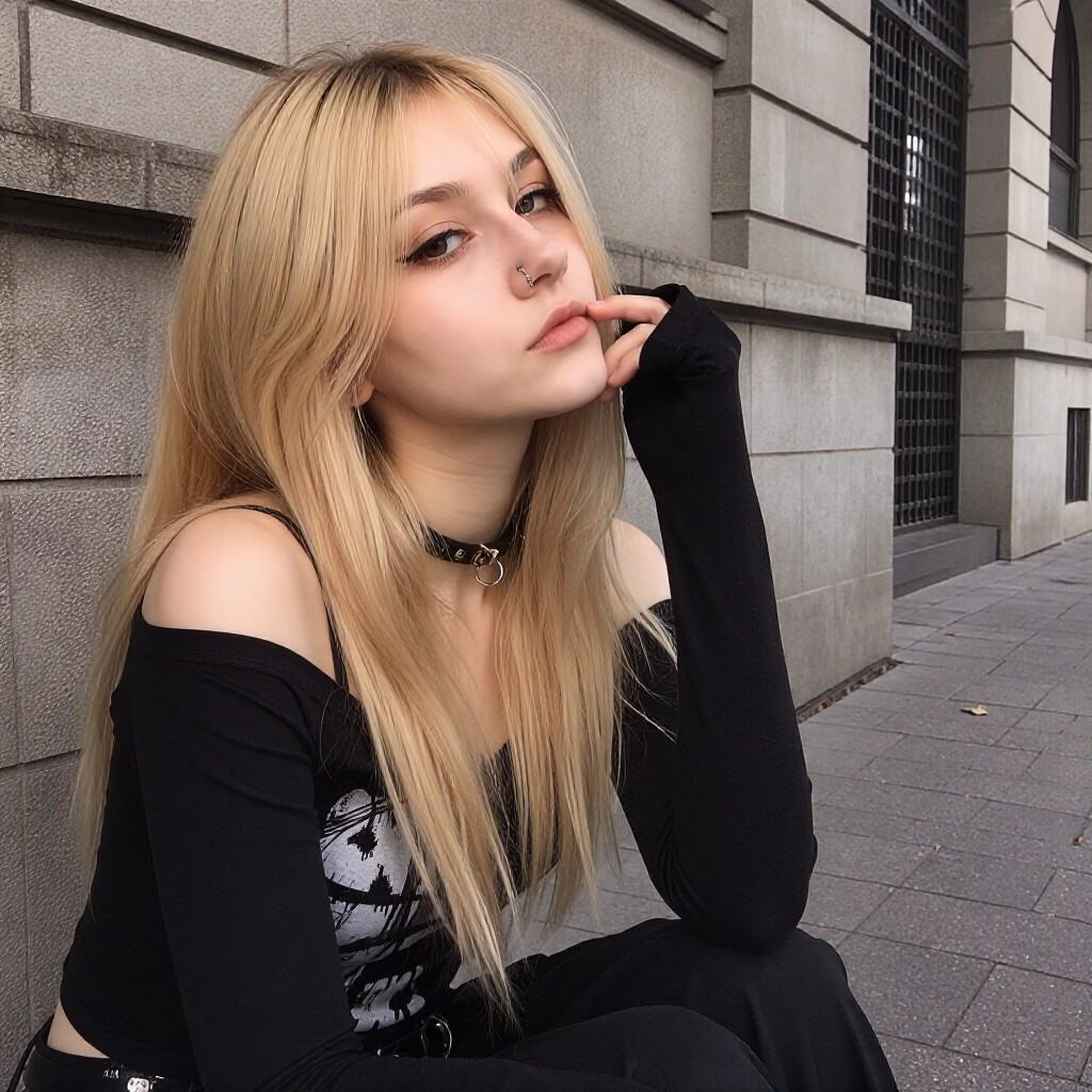 Marzena Pomazun Photograph of a young white woman with long blonde hair and light skin,  sitting on a city sidewalk. She h...