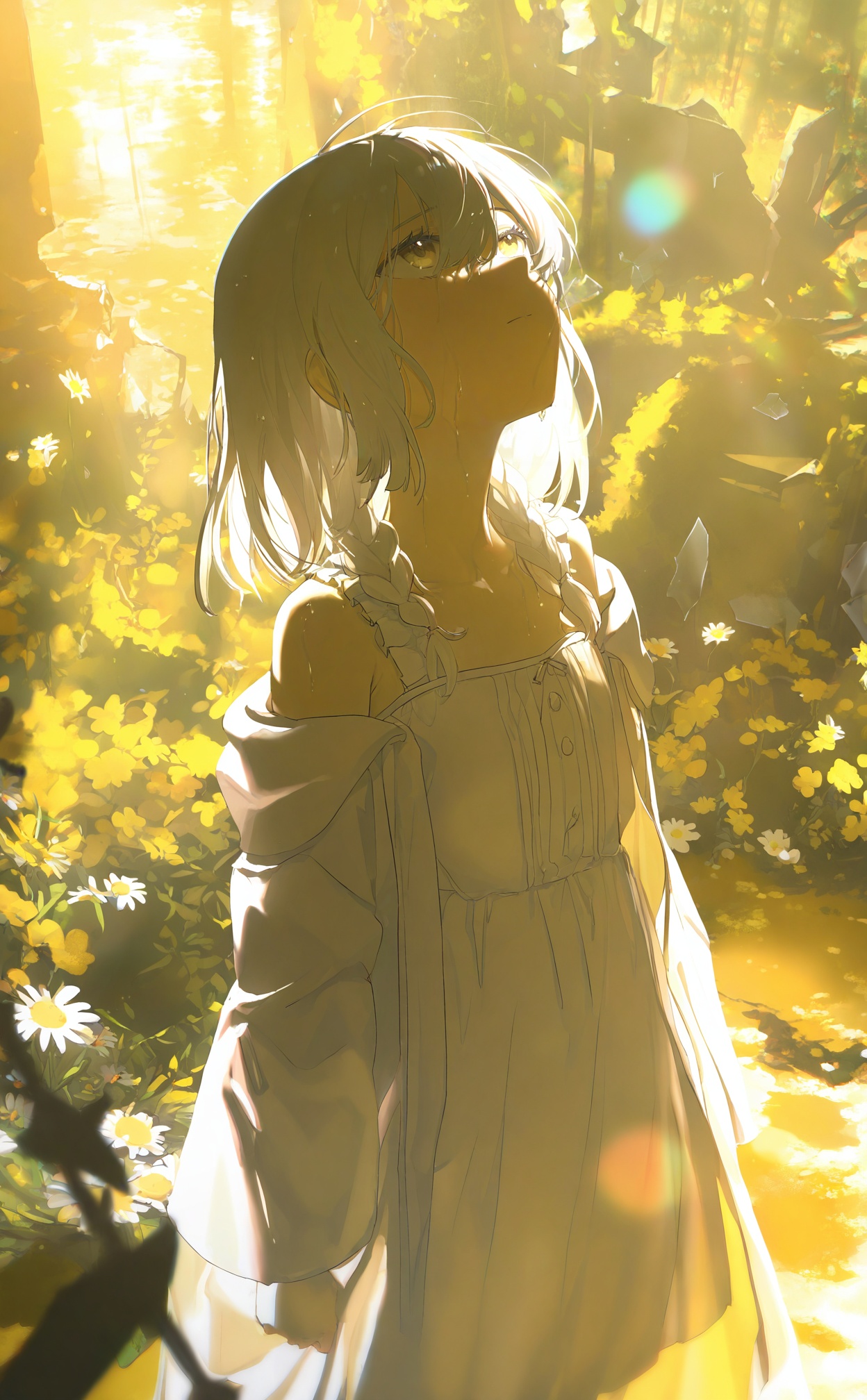 masterpiece,highres,absurdres,newest,best quality,high quality,loli,petite,chromatic_aberration,//,illustration,ultra detailed,hdr,Depth of field,(colorful),loli,yellow theme,the setting sun,Chamomile,Chamomile,cornflower,vines,forest,ruins,lens flare,hdr,Tyndall effect,damp,wet,1girl,bare shoulders,broken glass,broken wall,white hair,white dress,braid,white robe,closed mouth,looking up,standing,medium hair,standing,solo,//,//,<lora:konya_karasue2——【noob】hans:0.8>,