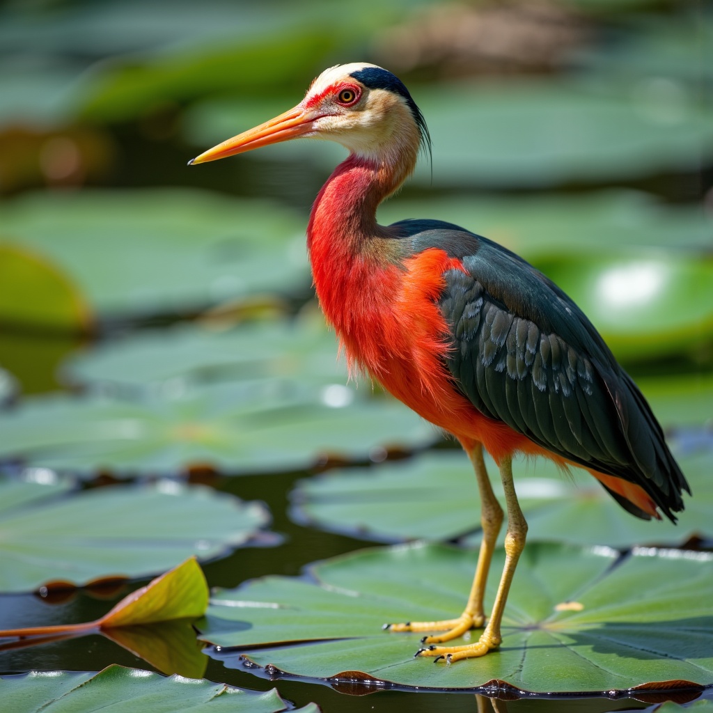 there is a bird that is standing in the water with lily pads,colorful bird with a long,african sybil,wildlife photography canon,with symmetrical head and eyes,wild species photography,on a canva,wearing crown of bright feathers,standing bird,rubbery - looking body,rubbery-looking body,helicopters and tremendous birds,symmetrical head and body,frans lanting,bird legs,young male with walking stick,4 k high - resolution photograph,nature photography 4k,full body photgraph,insects and birds,the most bizarre hybrid animals,bird head,on stilts,long focal length,animal photography,with a yellow beak,standing on a lotus,female full body,expert figure photography,wildlife preservation,male emaciated,short focal length,head and upper body,