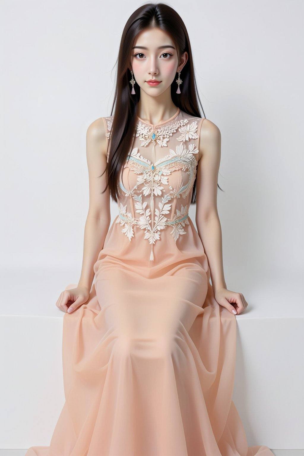 The image is a high-resolution photograph of a young Asian woman seated on a white,  rectangular platform against a plain...
