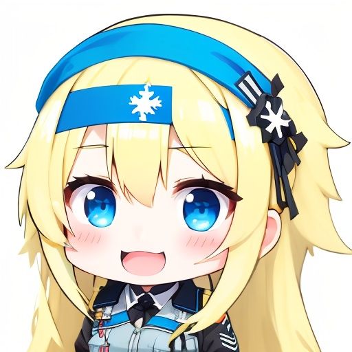 <lora:pack1-000010:1>,(masterpiece,best quality,ultra_detailed, highres, absurdres:1.2),?,suomi \(girls' frontline\), 1girl, blue eyes, solo, ?, blonde hair, long hair, hairband, ??, snowflake hair ornament, white background, hair ornament, chibi, simple background, open mouth, smile