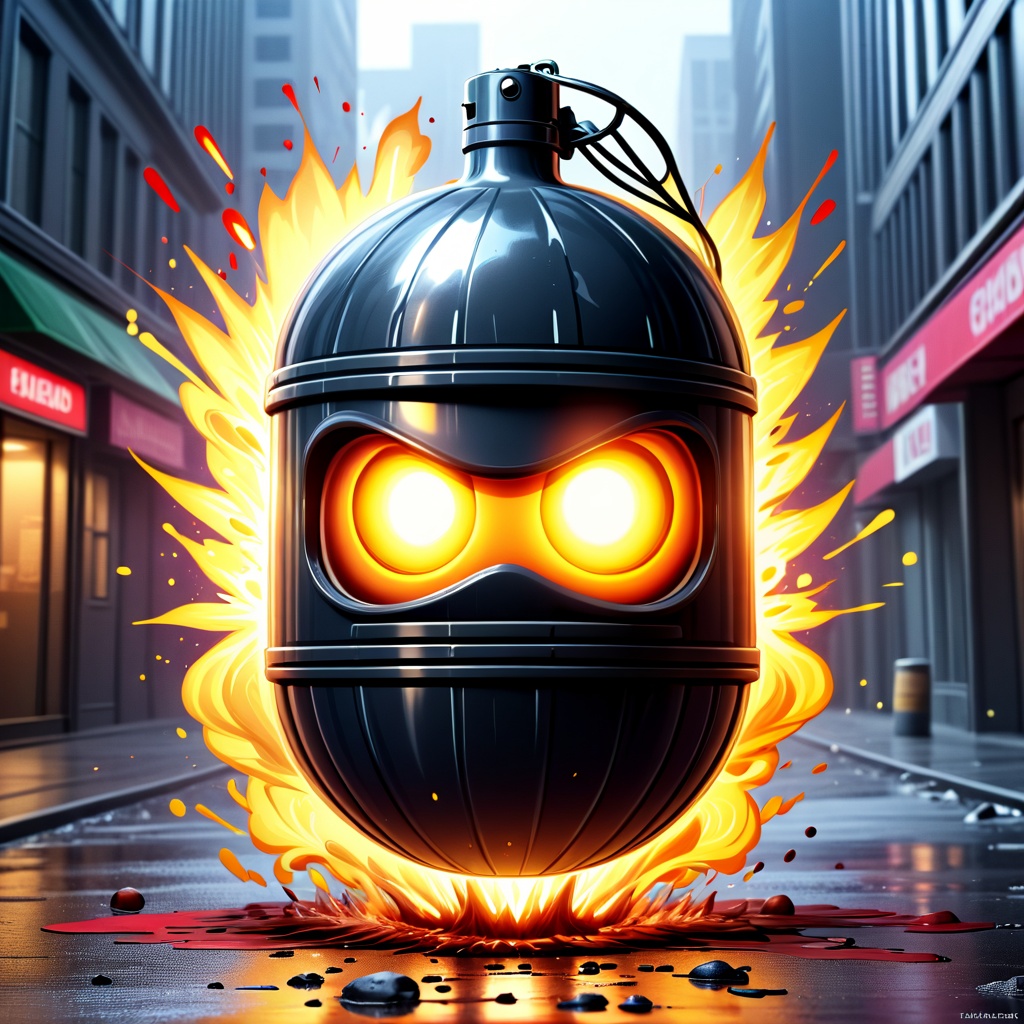 Abstract realism style with a blend of realistic elements and abstract interpretations,  flash grenade cartoon terrorism,...