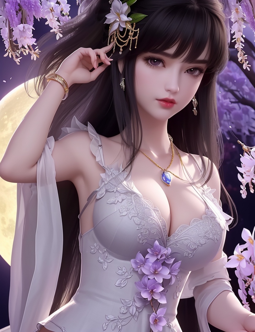 ultra realistic 8k cg, picture-perfect face, flawless, clean, masterpiece, professional artwork, famous artwork, cinematic lighting, cinematic bloom, perfect face, beautiful face, fantasy, dreamlike, unreal, science fiction,   lace, lace trim, lace-trimmed legwear,  (rich:1.4), prestige, luxury, jewelry, diamond, gold, pearl, gem, sapphire, ruby, emerald, intricate detail, delicate pattern, charming, alluring, seductive, erotic, enchanting, hair ornament, necklace, earrings, bracelet, armlet,halo((,1girl, pov,))(((1girl, jewelry, solo,breasts, looking_at_viewer,  outdoors,  full moon,  upper body, wisteria, chloris garden,  cherry blossoms, )))    <lora:DA_YueChanTeen:0.6>