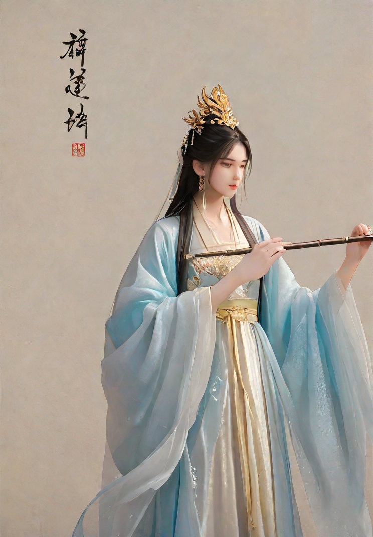 donghua,\(glow\),emit light,figure,donghua,figure,\(glow\),emit light,Hanfu,Dunhuang painting style,chinese traditional painting,This is a Dunhuang grotto murals painting in a traditional Chinese style, depicting a serene, ethereal woman with long, flowing black hair adorned with a golden crown. She wears a flowing, ornate brown and gold outfit, playing a flute. Her expression is calm, and she floats against a textured, muted brown and beige background with wispy, cloud-like patterns.<lora:Nephrite Nymph(IL):0.3>Nephrite Nymph c <lora:20250612-1749733143985:1c0.3>