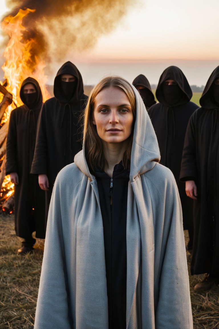 woman close up portrait,  A group of robed figures in a feild standing in around of a bonfire on Tensor.Art