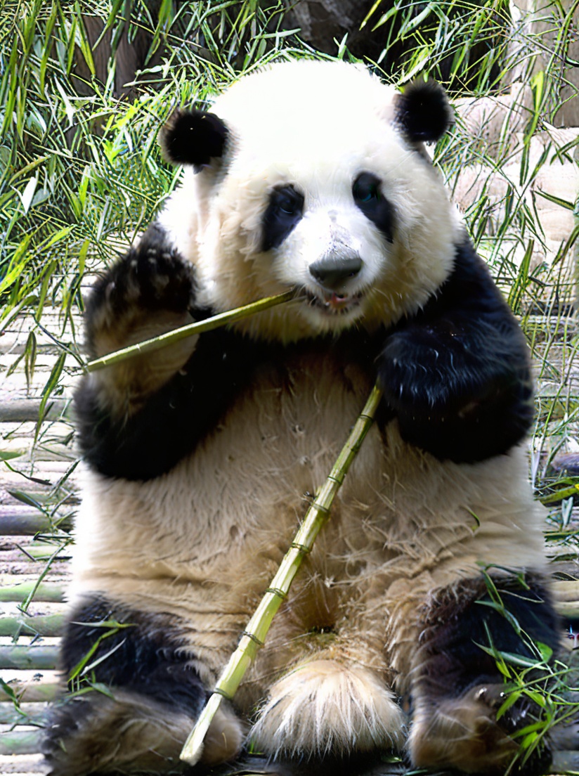Huahua, Panda, bamboo, no humans, panda, bamboo forest, nature, forest, leaf, animal, mouth hold, white fur, realistic, solo, a panda bear sitting on a bamboo mat eating bamboo sticks in its paws and holding on to a bamboo stick <lora:XL_HUAHUA:1>