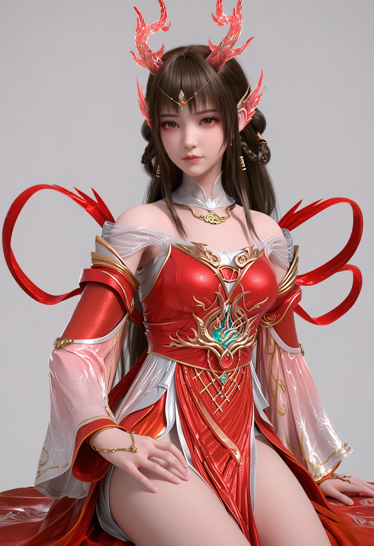 score_9,high detail,best quality,shiny skin,shiny,yunluolygz,1girl,solo,brown eyes,brown hair,long hair,white background,hair ornament,red dress,dress,closed mouth,dragon horns,bare shoulders,jewelry,detached sleeves,simple background,detached collar,braid,realistic,long sleeves,hair rings,looking at viewer,thighs,<lora:QQSponyyunluolygzV1:0.8>,<lora:Pony_DetailV2.0:0.8>,<lora:皮肤凹痕:0.1>,