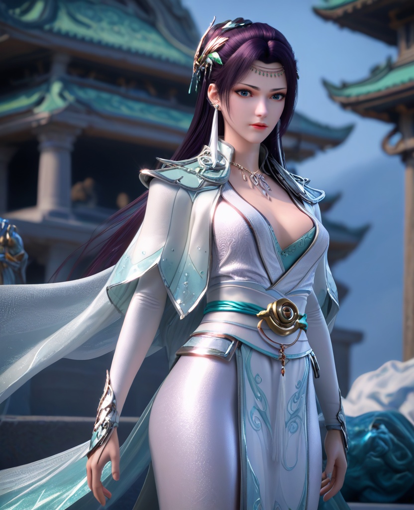 (oriental architecture, elegant decor, sophisticated style:1.1),(surfing, jumping over camera:1.1),(breasts:1.2),<lora:XL16斗破苍穹云韵:0.95>,miss yunyun,white silk mermaid dress,blue eyes,dark purple hair,half-up crown updo with long cascading hair,hair ornament,earrings,circlet,necklace,blue camisole,shoulder cape,elbow gloves,sash,pelvic curtain,spiral foot decoration,, score_9,score_8_up,score_7_up,score_6_up,score_5_up,score_4_up,3d rendering,tag1,tag2, Cinematic Lighting,backlighting,, zPDXL3, zPDXL2,zPDXL, zPDXLxxx, zPDXLrl,