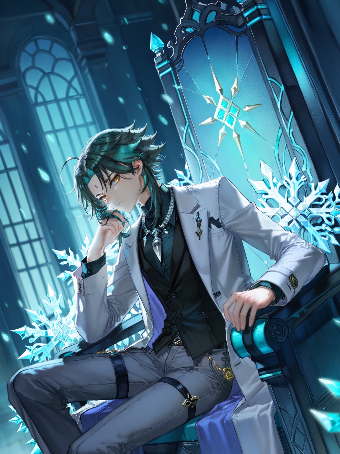 xiao \(genshin impact\),<lora:碧蓝航线立绘12·ILL:0.8>,lihui,official alternate costume,1boy,sitting,male focus,solo,suit coat,jewelry,throne,suit,coat,shirt,pants,looking at viewer,chair,snowflakes,necklace,(quasarcake:0.7),dutch angle,from_side,(cowboy_shot:1.2),