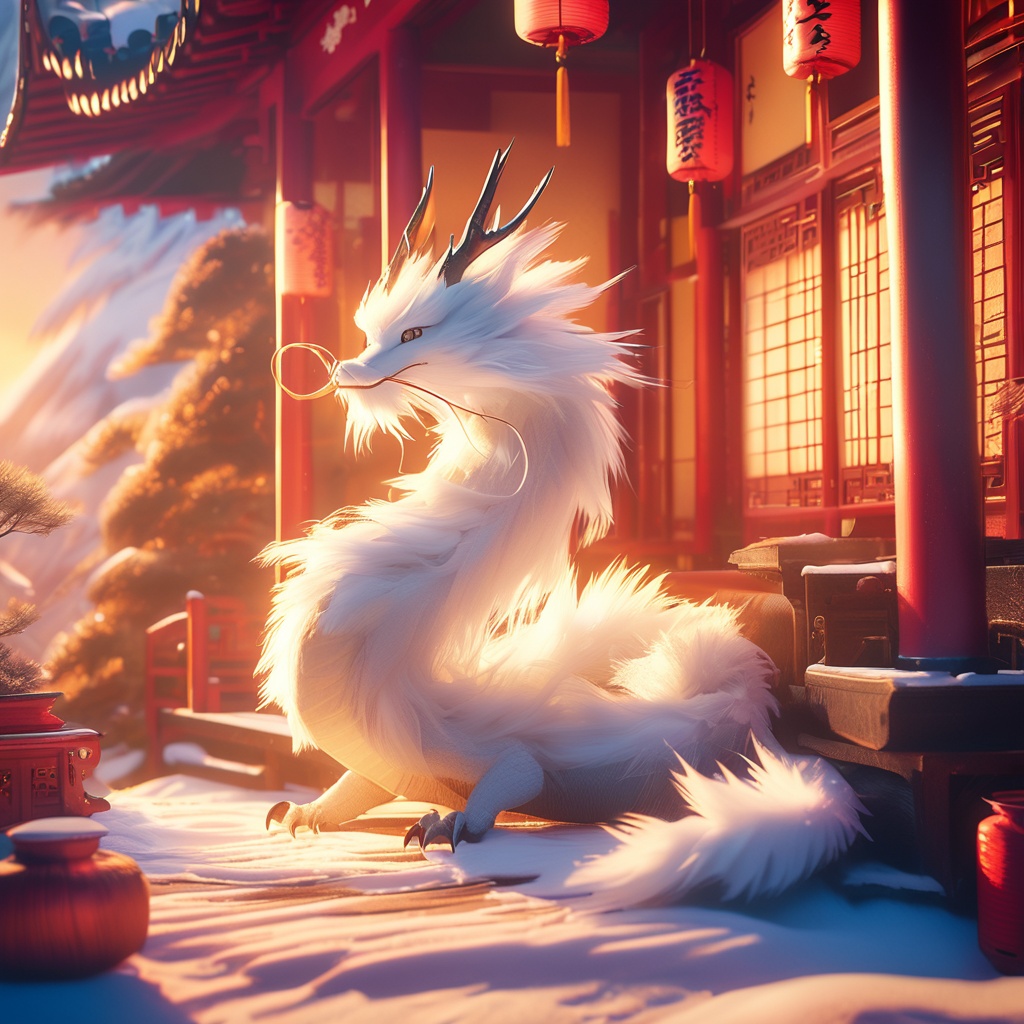 eastern dragon, soft lighting, white fur, antlers, whimsy and dramatic lighting, warm colors, mf-movie-filter, cc-color-correction, cute, whiskers, sunset, eastern dragon focus, claws, chinese zodiac, east asian architecture, no humans, dragon, lantern, horns, solo, indoors, from side, snow, architecture, scenery, tree,<lora:chenglong_xl:0.8>,