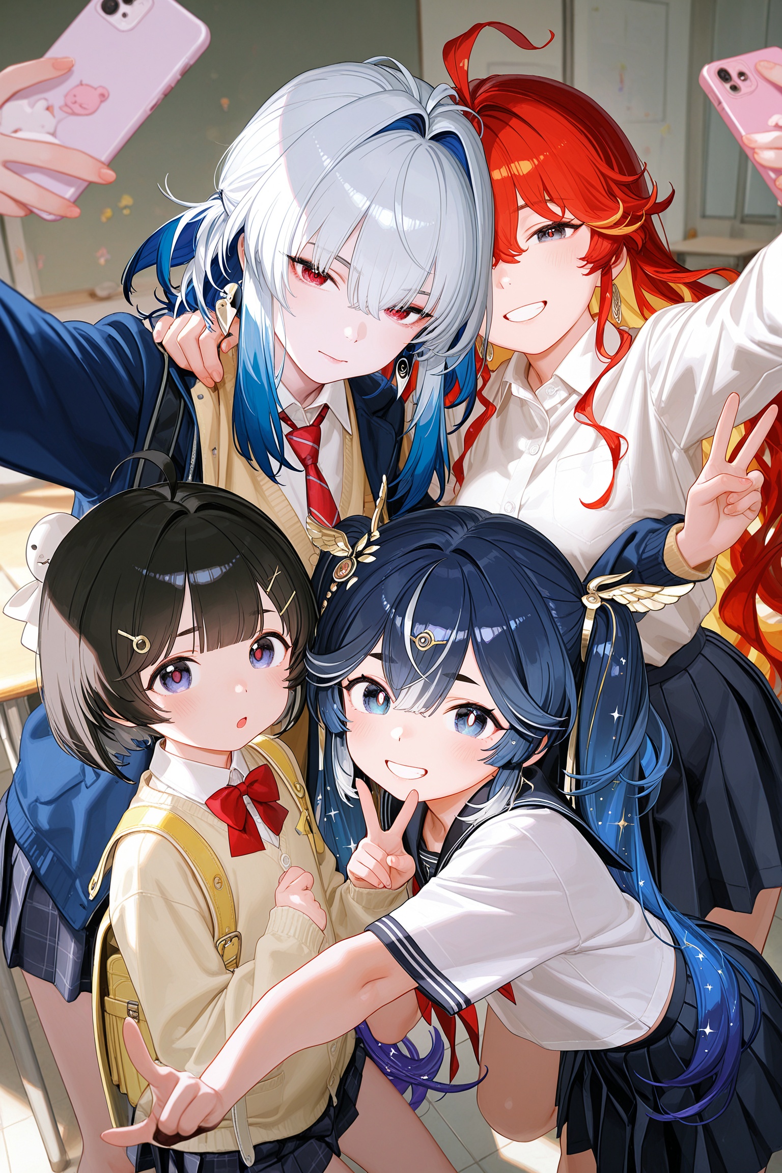 {{artist:toddler}},artist:henreader,artist:ciloranko,[artist:sho_(sho_lwlw)],[[tianliang duohe fangdongye]],1girl,iuno \(wuthering waves\),2girls,augusta \(wuthering waves\),3girls, galbrena \(wuthering waves\),school uniform,v,smile,selfie,