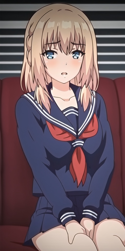 1girl,solo,perfect face,look at viewer,sitting,bangs,braid,eyebrows visible through hair,parted lips,blush,blonde hair blue eyes,blue serafuku,blue pleated skirt,long sleeves,pleated skirt,red neckerchief,school uniform,masterpiece,best quality,highly detailed,