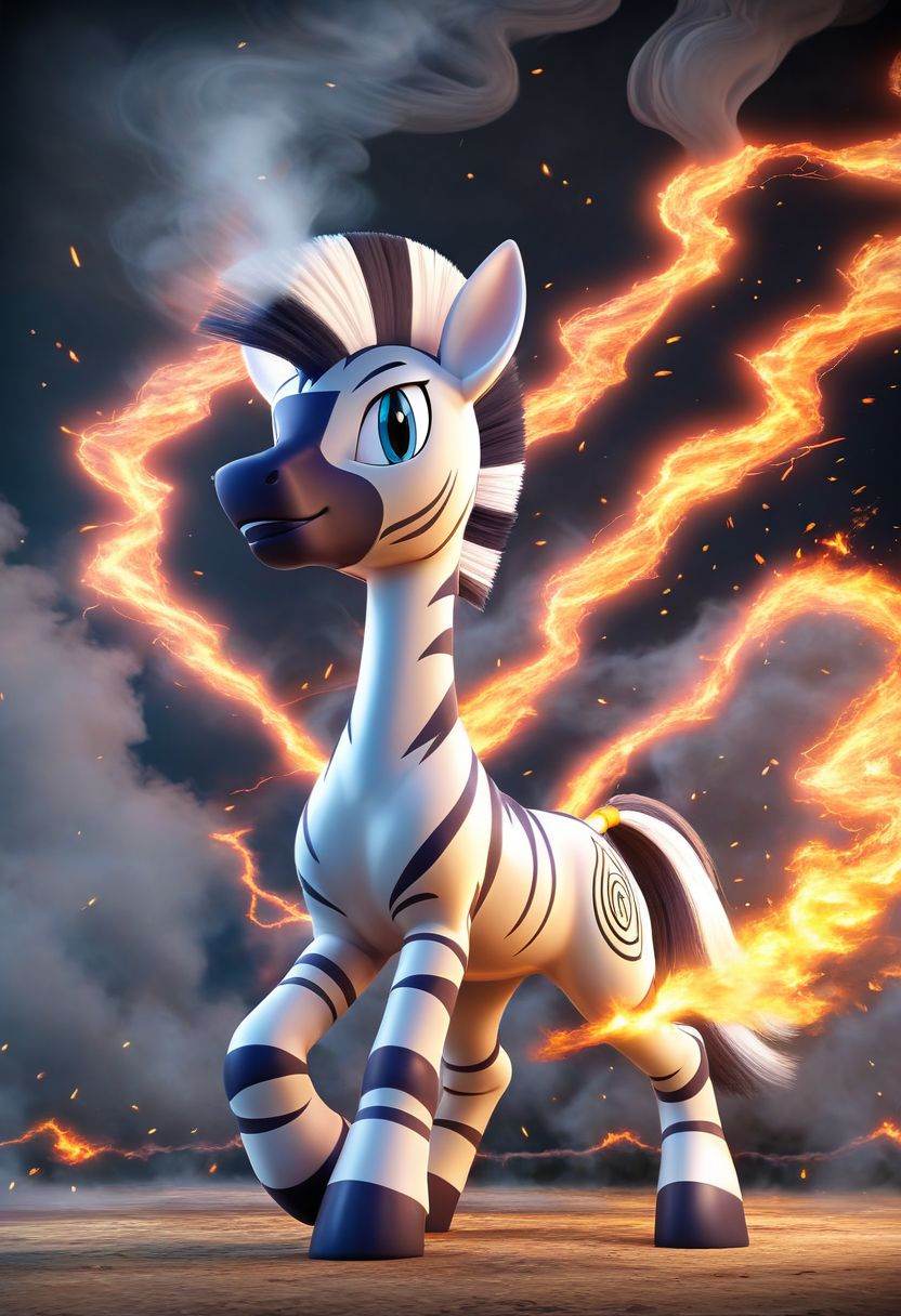 Pokemon (Zebra), Fire, Full Body, Smoke, Lightning, HD, Masterpiece, Best Quality, Solo,