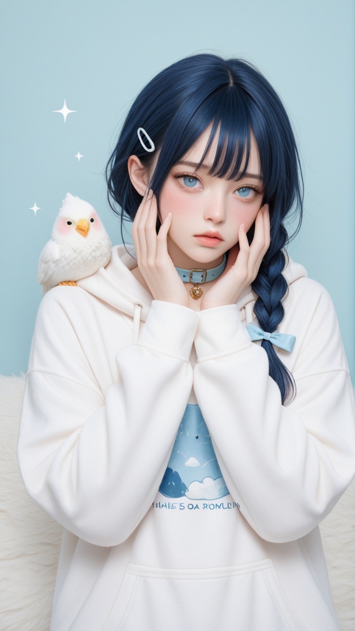 This is a digital anime-style illustration featuring a young girl with long,  dark blue hair adorned with a small white ha...