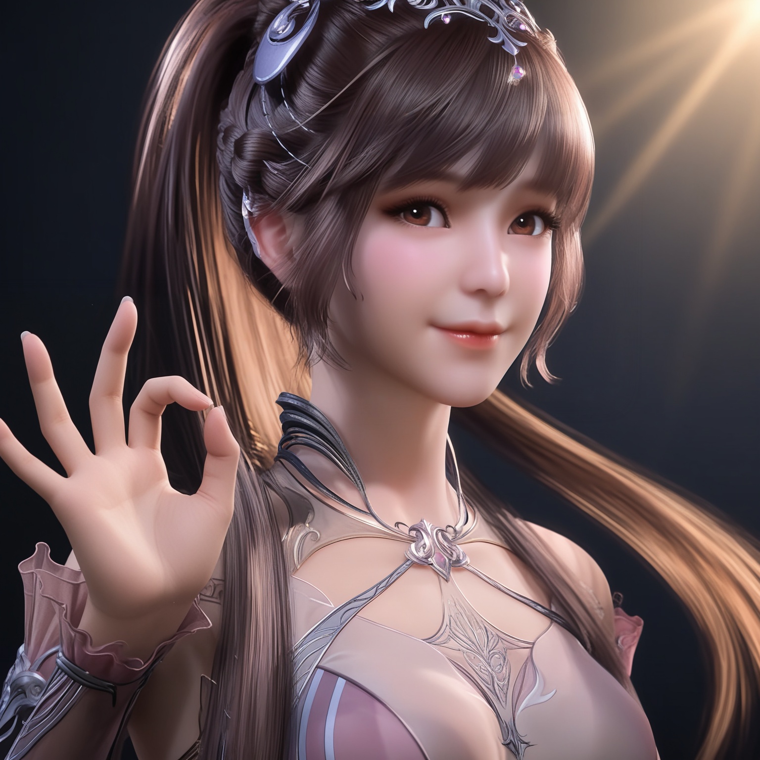 masterpiece,best quality,absurdres,highres,BREAK(glamor:1.1),slender,1girl,solo,<lora:小舞-ill:0.85>,xiaowu,long hair,brown hair,hair ornament,ponytail,bunny ears,brown eyes,jewelry,braid,see-through,pink dress,looking at viewer,front view,(ok sign),upper body,light blush,(seductive_smile),BREAKsimple background,black background,rim light,Tyndall effect,Volumetric Lighting,Cinematic Lighting,realistic,depth of field,