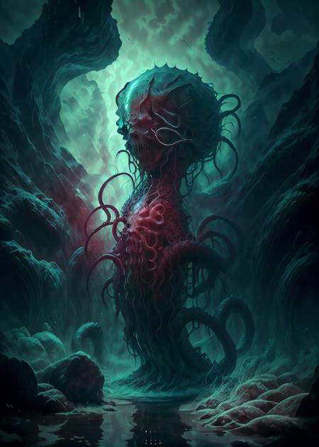 (8k, RAW photo, best quality, masterpiece:1.2),ultra realistic, masterpiece,  <lora:Cthulhu_monster:0.7>, solo, white background, full body, monster, simple background, standing, tentacles, eldritch abomination, 1girl,solo, black hair, long hair, 1girl, upper body, holding skull, realistic, closed mouth, 1boy, spines, ribs, entrails, no humans, bubble, submerged, bone, water, jellyfish, underwater, optimus prime,