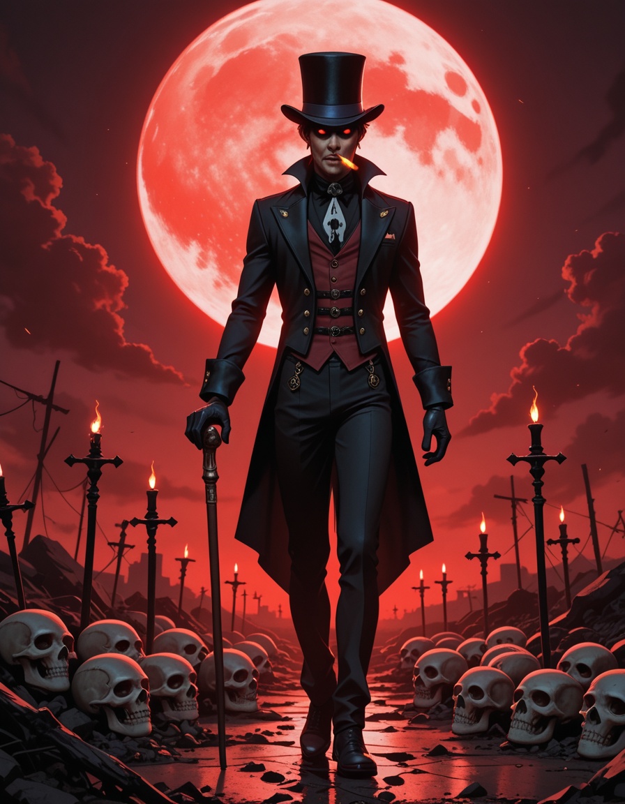 Night. Haze. (Bright,  big red moon). A baron_samedi dances at the crossroads. He is wearing only an unbuttoned tailcoat....
