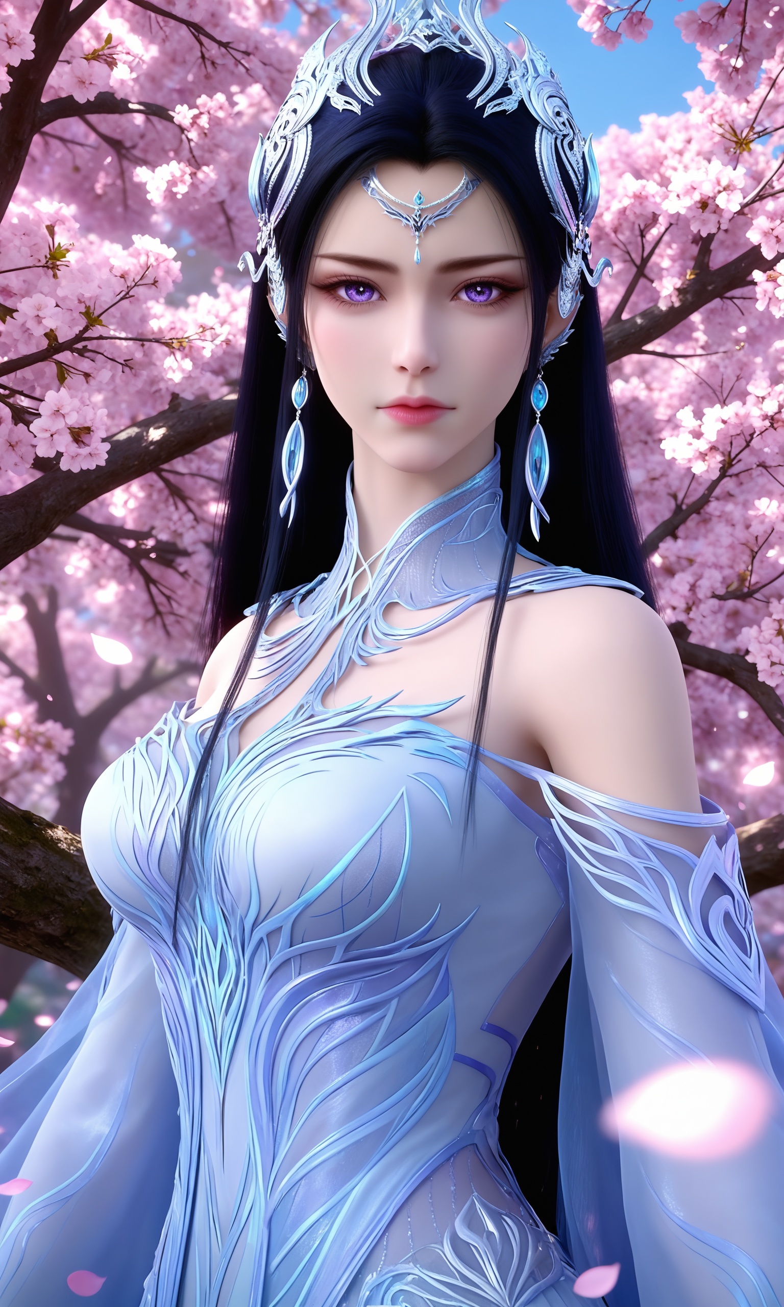 <lora:神国之上-叶婵宫pony:0.7>,1girl,long,dark hair,crown-like headpiece,purple eyes,delicate,flowing patterns of pale blue and silver,resembling intricate lacework dress,long sleeves,high,plunging neckline,upperbody, masterpiece,best quality,solo,1girl,upper body,petals,looking at viewer,moon,branch,cherry blossoms,flower,extreme aesthetic,(quasarcake:0.7),masterpiece,best quality,good quality,newest,very aesthetic,absurdres,A shot with tension,(Visual impact,giving the poster a dynamic and visually striking appearance:1.2),impactful picture,offcial art,colorful,splash of color,movie perspective,