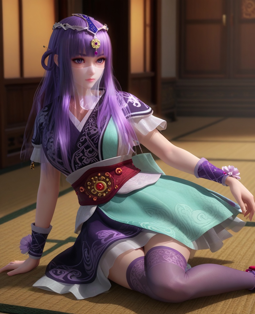 (oriental architecture, elegant decor, sophisticated style:1.1),(Lying on the ground with one leg bent, looking upwards,:1.1),(breasts:1.2),<lora:XL16秦时明月少司命:0.95>,priestess of birth,short dress,veil,purple eyes,purple hair,long hair,hime cut,hair ornament,back-crossing sash,thighhighs,wristband,bell,, score_9,score_8_up,score_7_up,score_6_up,score_5_up,score_4_up,3d rendering,tag1,tag2, Cinematic Lighting,backlighting,