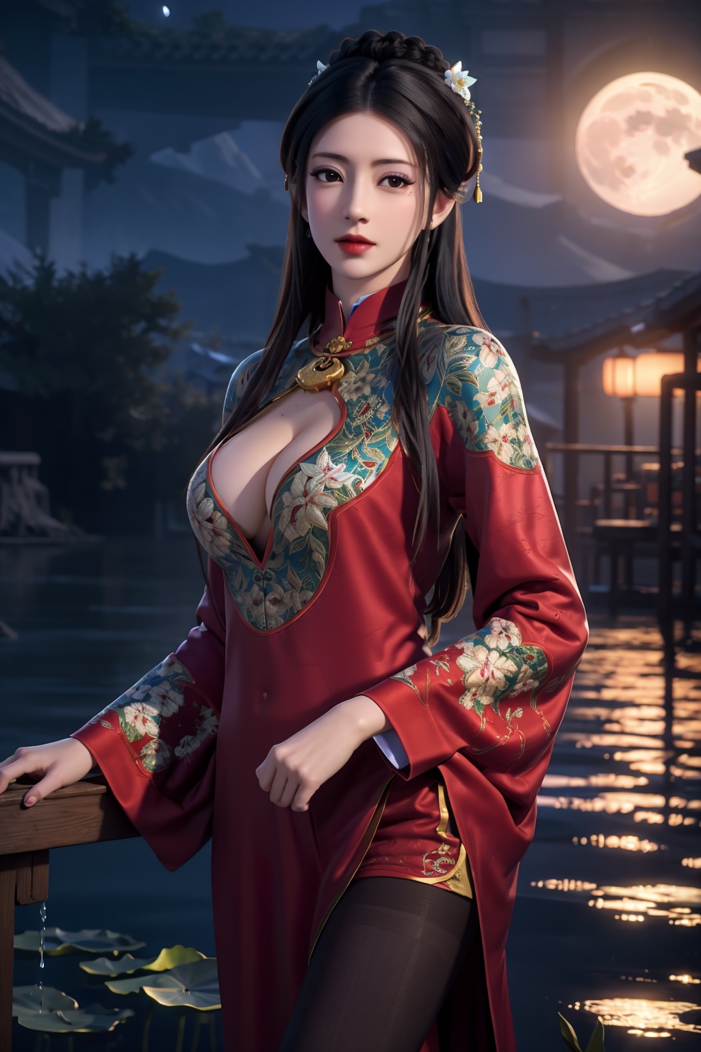 standing,dress,chinese clothes,flower,full_moon,moon,night,lily_pad,lotus,moonlight,nipples,water,night_sky,lily_\(flower\),sky,partially_submerged,1girl,solo,hair ornament,realistic,nail polish,photo_\(medium\),(big breasts, cleavage),makeup,(8k, RAW photo, best quality, masterpiece:1.2),(realistic, photorealistic:1.3),ultra-detailed,extremely detailed cg 8k wallpaper,(crystalstexture skin:1.2),extremely delicate and beautiful,(sexy pose:1.2),chinese dress,black pantyhose,