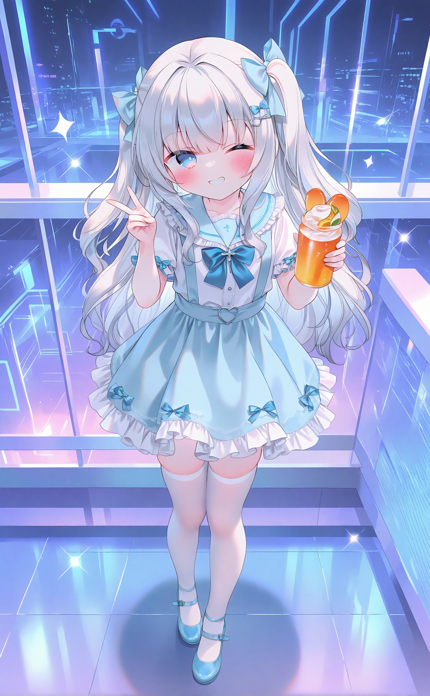 best,1girl, blue eyes, thighhighs, one eye closed, solo, smile, holding, can, sailor collar, bow, blush, long hair, white thighhighs, looking at viewer, holding can, blue bow, hair bow, dress, drinking straw, blue footwear, frills, heart, grey hair, skirt, short sleeves, two side up, white hair, drink, sparkle, holding drink, grin, hair ornament, white shirt, blue skirt, blue sailor collar, frilled sailor collar, frilled dress, bowtie, ribbon, blue dress, shoes, standing, suspenders, shirt, blue bowtie <lora:Nai4 gzc_mix-000055:1>