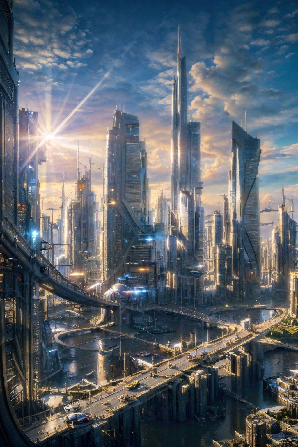 (masterpiece, best picture quality:1.3),realistic,SCI-FI City,scenery,science fiction,no humans,city,building,cityscape,sky,aircraft,outdoors,skyscraper,lens flare,cloud,spacecraft,sunlight,<lora:SCI FI City_20240127193551:0.8>,